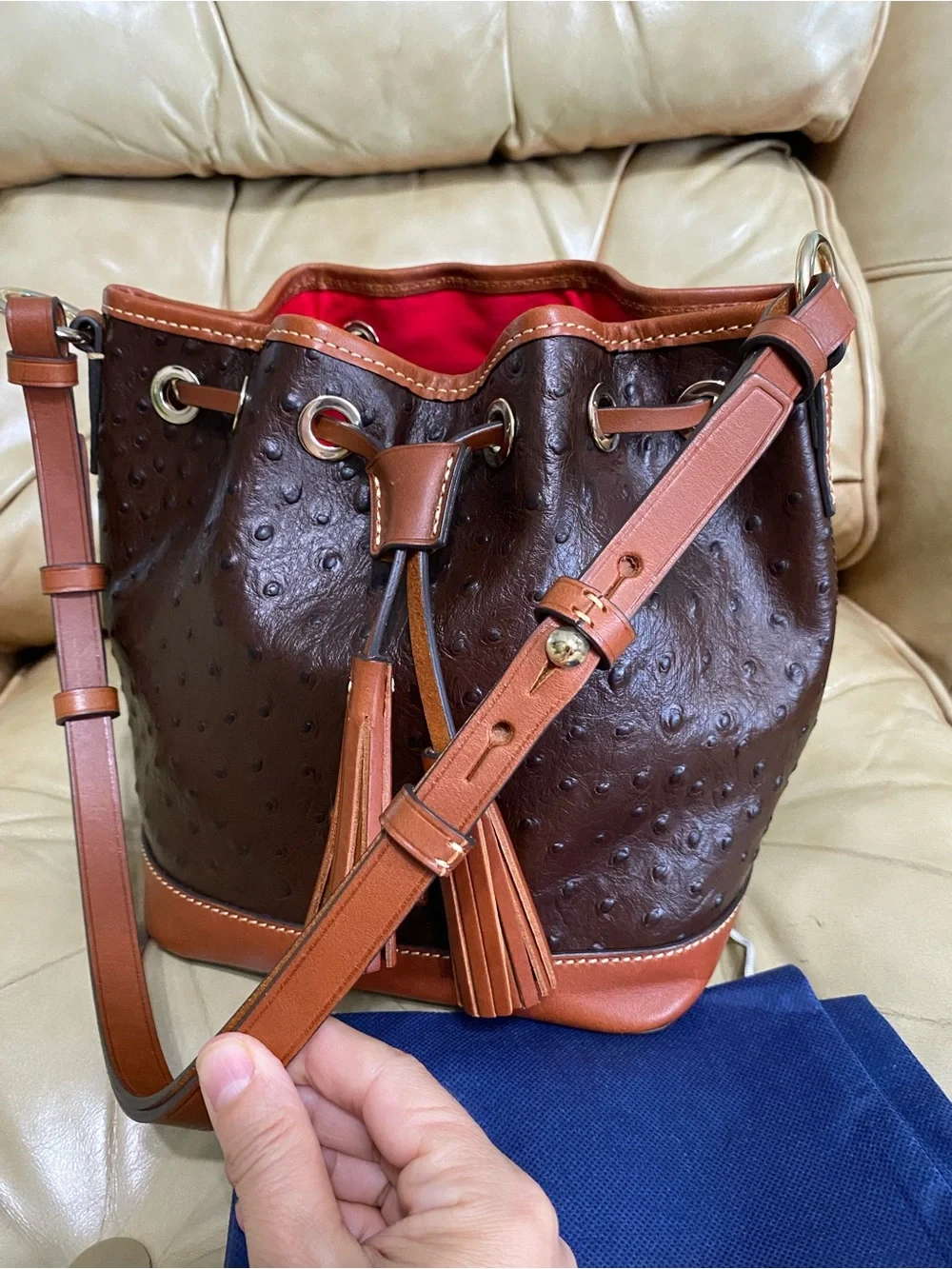 Dooney & Bourke Ostrich Small Drawstring Shoulder Bag Leather Bucket